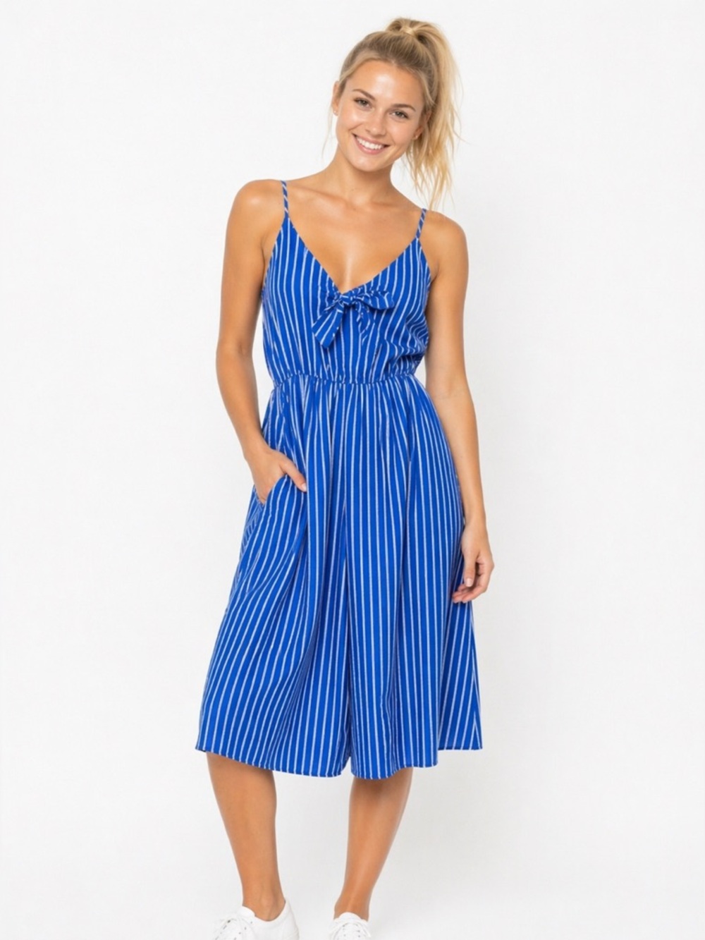 Everly Royal Blue and White Striped Tie-Front Cropped Pants Romper, Size S